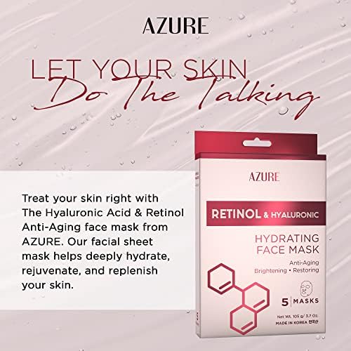 AZURE Retinol & Hyaluronic Acid Anti Aging Facial Sheet Mask - Rejuvenating & Hydrating Face Mask - Helps Reduce Fine Lines & Wrinkles, Smooths & Repairs - Skin Care Made in Korea - 10 Pack