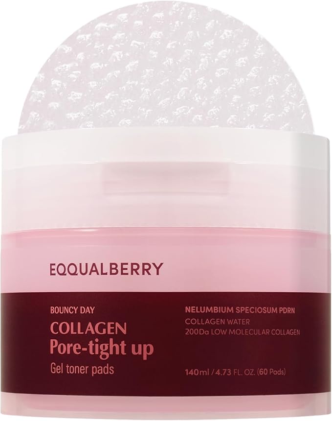 EQQUALBERRY Collagen Pore-Tight Up Gel Toner Pads – Korean Pore-Tightening Jelly Pad with Deep Absorption Collagen, Hydrating & Firming Formula, 4.73 FL.OZ. (140ml) / 60 Pads