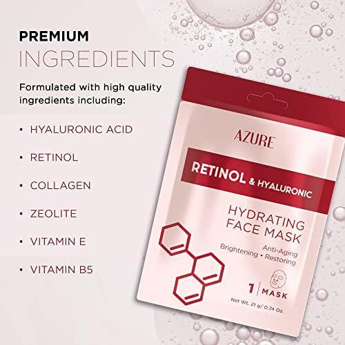 AZURE Retinol & Hyaluronic Acid Anti Aging Facial Sheet Mask - Rejuvenating & Hydrating Face Mask - Helps Reduce Fine Lines & Wrinkles, Smooths & Repairs - Skin Care Made in Korea - 10 Pack