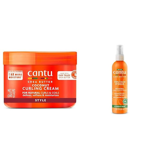 Cantu Coconut Curling Cream 12 oz & Coil Calm Detangler 8 oz Bundle for Natural Curls & Coils