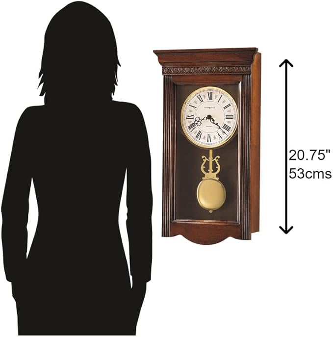 Howard Miller Eastmont Wall Clock, Wooden Finish with Golden Pendulum | Round Cream Dial with Roman Numerals & Volume Control Dual-Chime Movement Best for Living Room Office & Home Decor