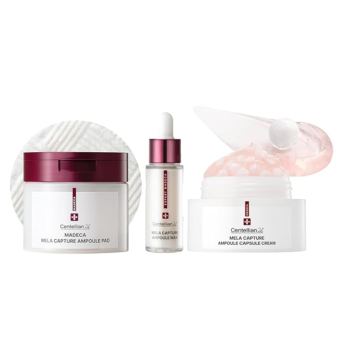 CENTELLIAN 24 Madeca Mela Capture Brightening Bundle – Ampoule Capsule Cream (55ml) + Ampoule Max Serum (0.5 fl oz) + Ampoule Pads (60 pcs) – Korean Skincare Set for Tone Correction, Hydration