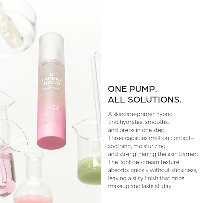 House of Hur 3X Capsule Hydro Booster Cream – 3-in-1 Hydrating Gel Cream + Primer – 8 Types Hyaluronic Acid, Hibiscus Collagen, Thyme + Green Tea – Non-Greasy – Korean Skincare – 1.69 fl oz (50 ml)