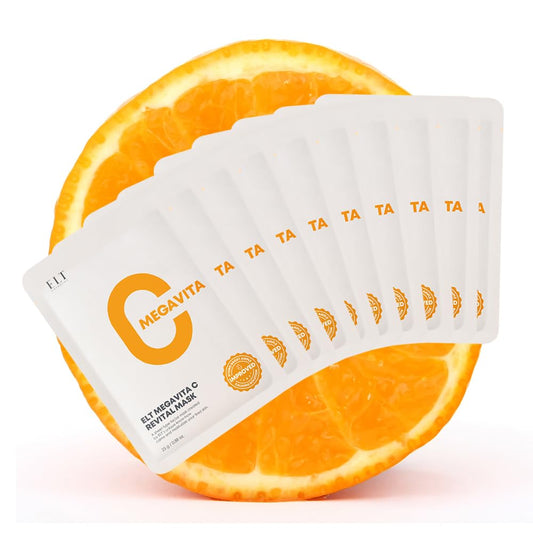 ELT Mega Vitamin C Sheet Mask, (25 g / 0.88 oz.) 10 EA Korean Face Mask, Brightening Sheet Mask, Soothing Facial Mask, Wrinkle Fighting, Deep Collagen Mask, Korean Skin care