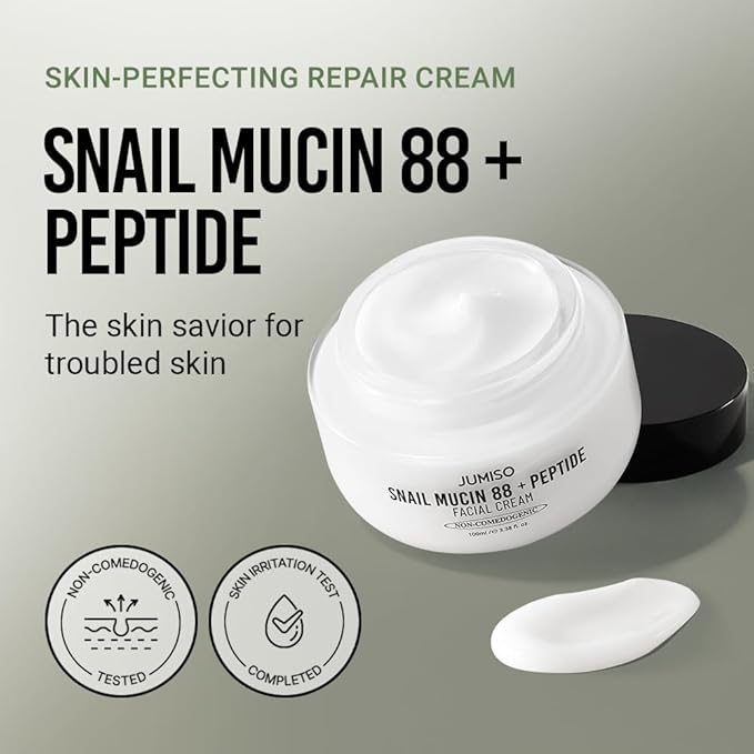 JUMISO Snail Mucin 88 Peptide Cream - Korean Face Moisturizer 5-Peptide Complex Collagen Boost Hyaluronic Acid Niacinamide Damaged Skin Repair - Sensitive Skin Non-Comedogenic 3.38 oz.
