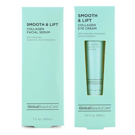 Global Beauty Smooth & Lift Collagen Facial Serum 1 fl oz 30 ml & Eye Cream .5 fl oz 15ml with Peptides, Hyaluronic Acid & Squalane 1fl oz 30ml