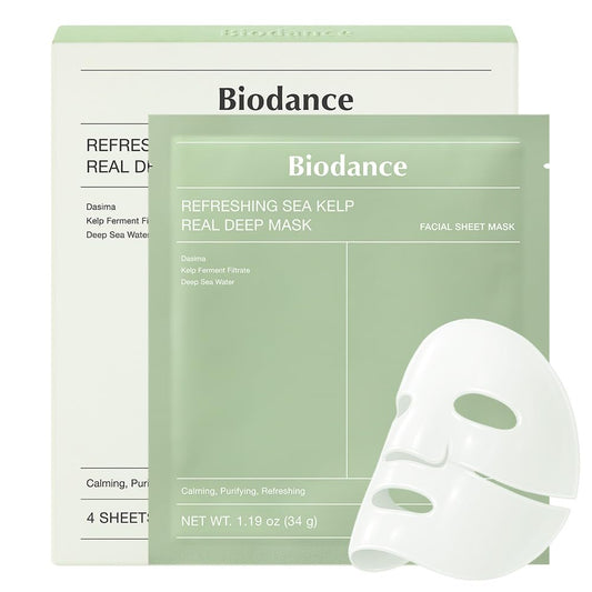 BIODANCE Refreshing Sea kelp Real Deep Mask, Overnight Hydrogel Mask, Calming, Oil & Sebum Control, Blemish Care, Korean Skincare | 1.19oz(34g) x 4ea - Glowelle