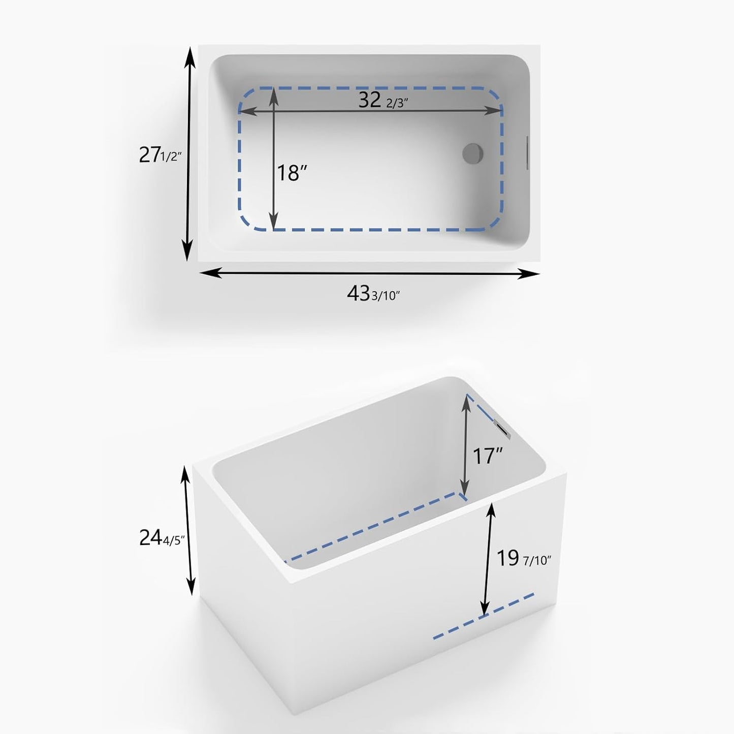 43" Acrylic Free Standing Tub，Square Shape Japanese Soaking Tub,UPC Certified, Chrome Drain & Overflow,Gloss White Finish (White, 43 NO seat)
