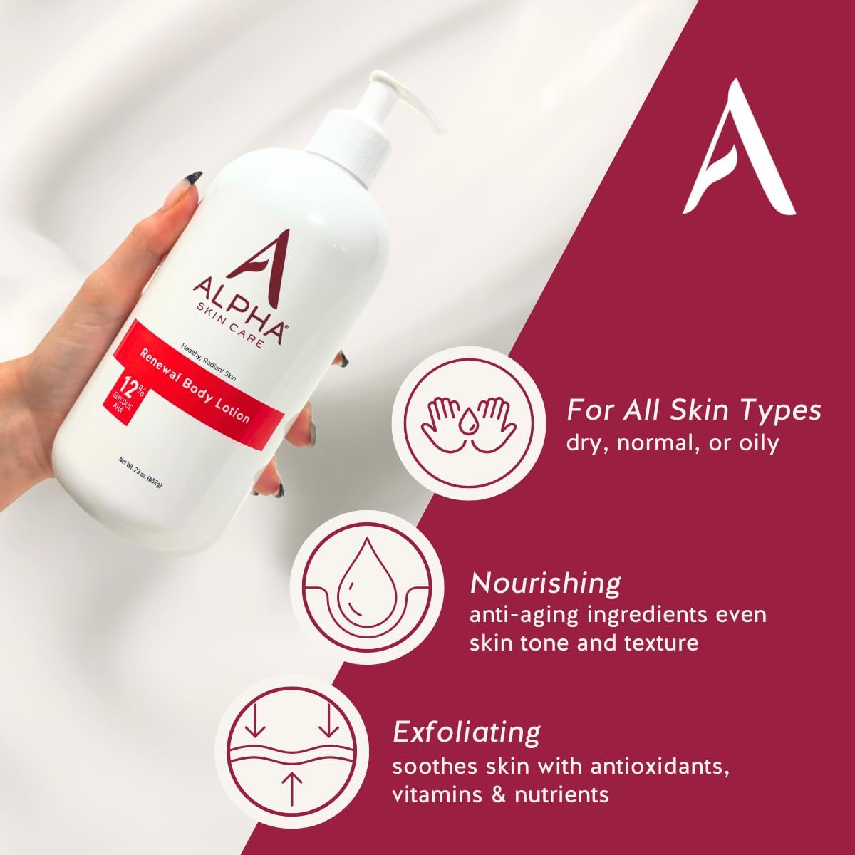 Alpha Skin Care Revitalizing Body Lotion, 12% Glycolic AHA, Simple & Effective Daily Moisturizer Hydroxy Acid, Hydrates & Exfoliates for Soft, Smooth Skin, Anti-Aging, 23 Oz