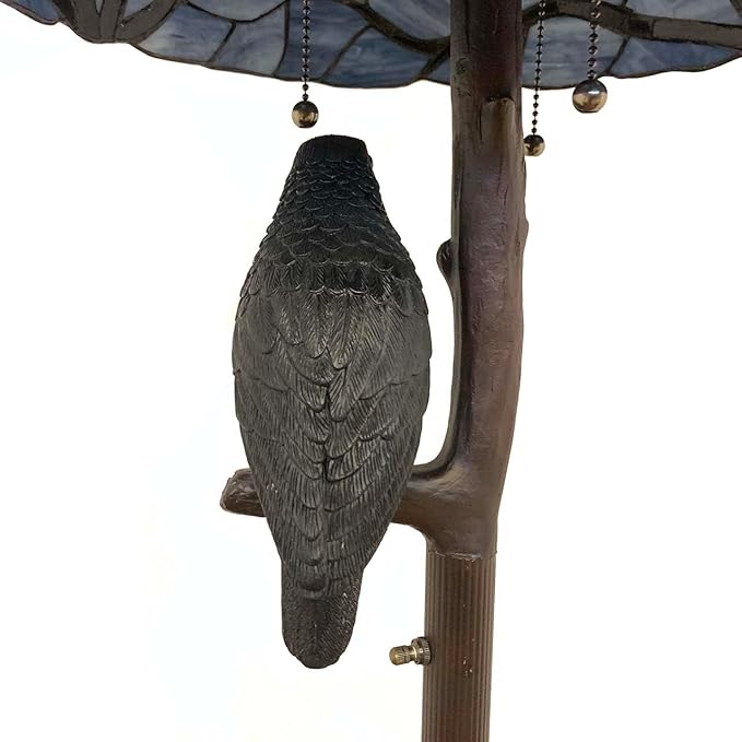 Bieye L10936 Ravens Sitting on Bare Tree Branch Against Full Moon Tiffany Style Stained Glass Floor Lamp with Raven Night Light Double Lit for Halloween Décor, 4-Light, 65 inches Tall (Black Red)