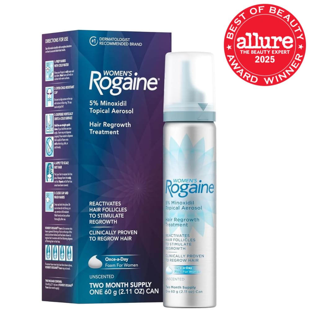 Rogaine 5% Minoxidil Foam, Topical Once-A-Day Hair Loss Treatment for Women to Regrow Fuller, Thicker Hair, Unscented, 2-Month Supply, 2.11 oz - Glowelle