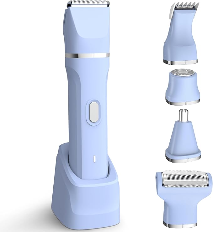 KINGTEE 5-in-1 Electric Bikini Trimmer for Women – IPX7 Waterproof Shaver, Cordless Body & Facial Razors for Women, Ceramic Blades, USB-C Rechargeable, Painless Hair Removal Kit (Blue)