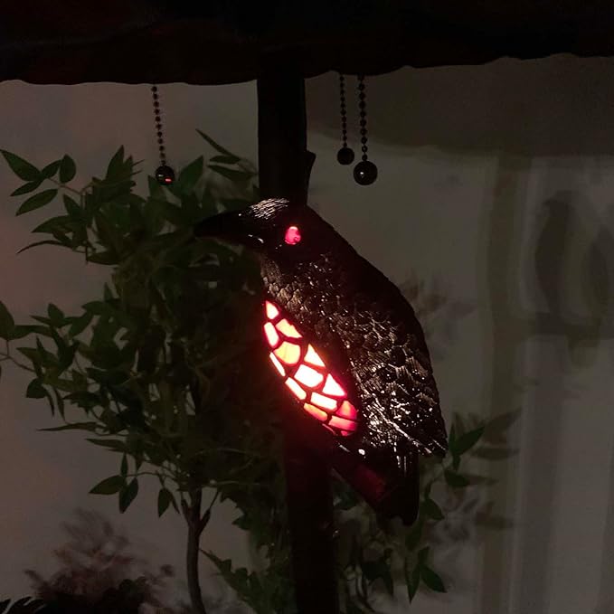 Bieye L10936 Ravens Sitting on Bare Tree Branch Against Full Moon Tiffany Style Stained Glass Floor Lamp with Raven Night Light Double Lit for Halloween Décor, 4-Light, 65 inches Tall (Black Red)