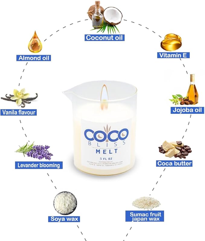 Coco Bliss Melt – Massage Candle Natural Coconut Moisturizing Body Oil Candle for Women & Men | Body Essential Oil Candle with Vanilla Scent, Vitamin E, Almond Oil & Cocoa Butter – 5oz