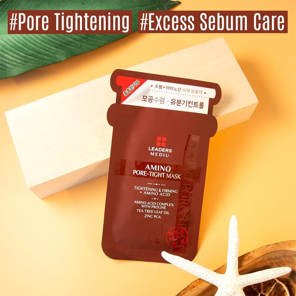 Leaders Mediu Amino Pore-Tight Facial Sheet Mask | Amino Acid Complex, Tea Tree Oil, Zinc PCA for Acne-Prone, Oily Skin, Minimizes Pores, Matte Finish (10 Sheets)