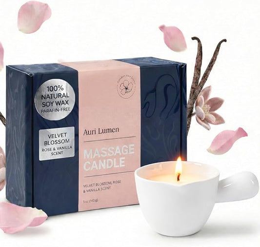 Massage Candle – Soy Wax Massage Oil That Melts Into Skin-Safe Warm Body Oil, Rose & Vanilla Scent, Ceramic Pour Cup (5 oz)