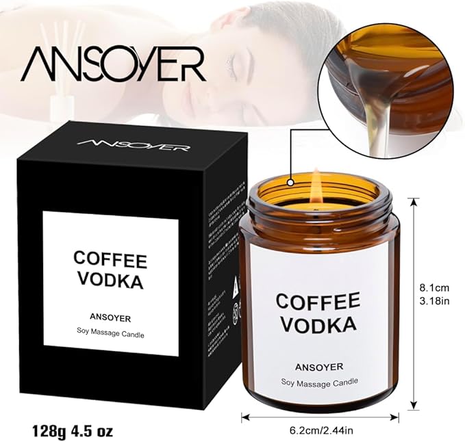 Massage Oil Candle, Romantic Gift SPA Use Home Scented Candle Body Oil, Ultra Hydrating Body Care with Soybean Oil, 4.5oz (Coffee Vodka)