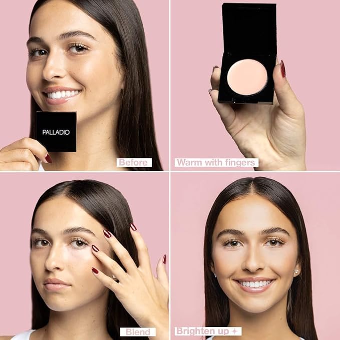Palladio Under Eye Brightener, Conceal, Brightens, Reduces Appearance of Dark Circles, With Caffeine Peptides & Vitamin E, Tired Skin Color Correcting Brightener & Primer, Light to Medium (Soft Pink)