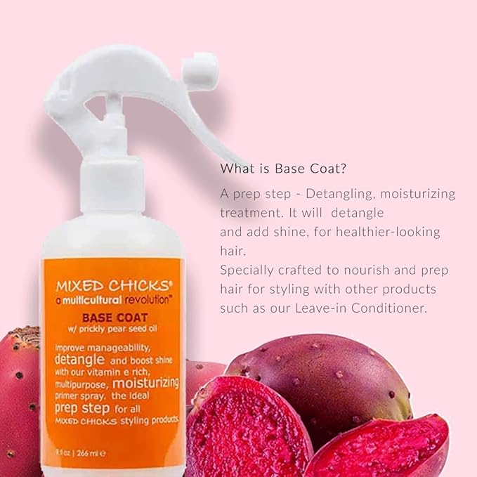 Mixed Chicks Base Coat Curl Primer Spray – Detangling Anti-Frizz Pre-Styling Treatment with Prickly Pear & Brazil Nut Oils – Heat Protection for Curly, Coily & Wavy Hair – 9 oz