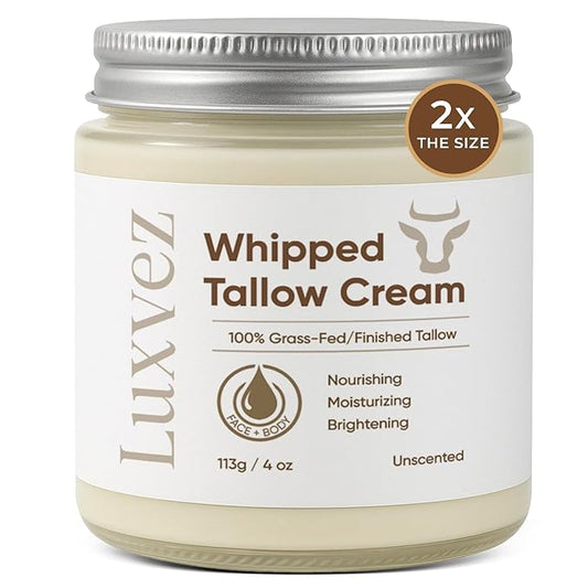 Beef Tallow Cream for Skin: Grass-Fed Whipped Tallow Balm with Squalane Jojoba Oil - All Natural Skincare Whipped Moisturizer for Face & Body - for Mature, Dry or Sensitive Skin – 4oz