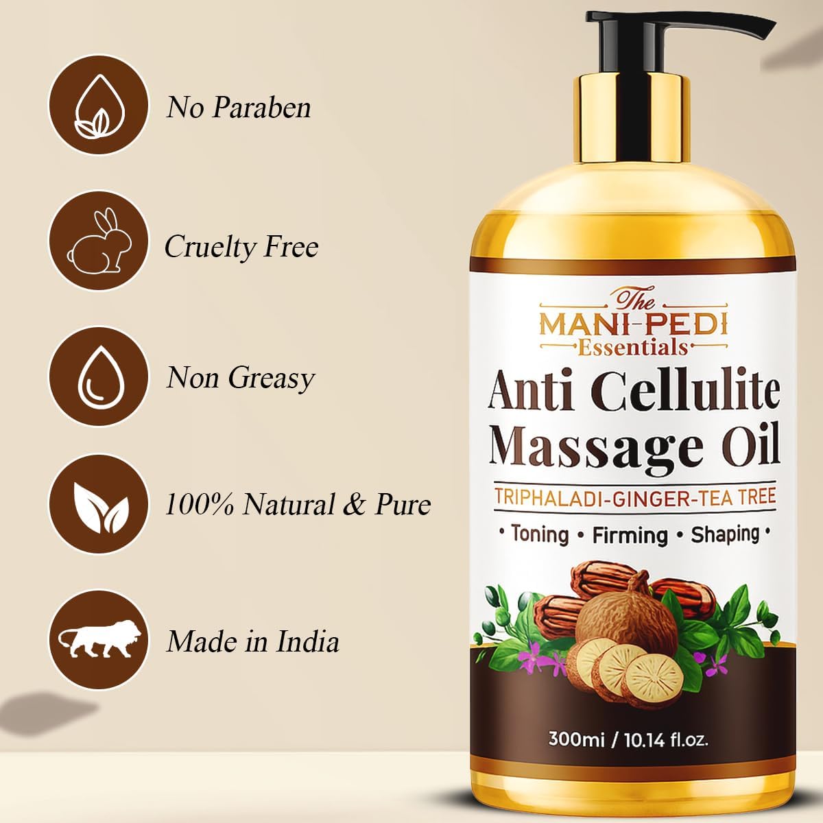 Anti Cellulite Massage Oil with Ginger Oil, Tea-Tree Oil & Natural Herbs for Toning, Firming & Shaping. 100% Natural Ingredients, Non-Sticky Texture - 10 Fl Oz