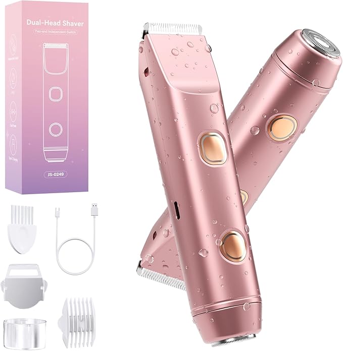 2 in 1 Bikini Trimmer for Women: Electric Razor & Shaver [IPX7 Waterproof] with Dual Heads for Body Pubic Hair - Rechargeable Lady Facial Trimmer for Underarm Leg Arm Face
