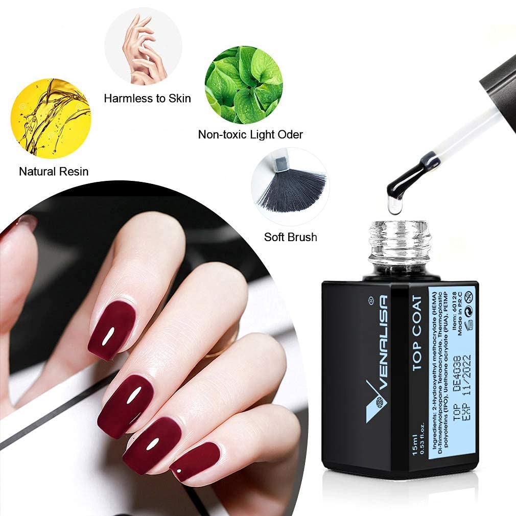 VENALISA 15ML No Wipe Tempered Top Coat - Scratch Resistant High Gloss Soak Off Gel Nail Polish Finish Long Lasting Set Gel Nail Kit