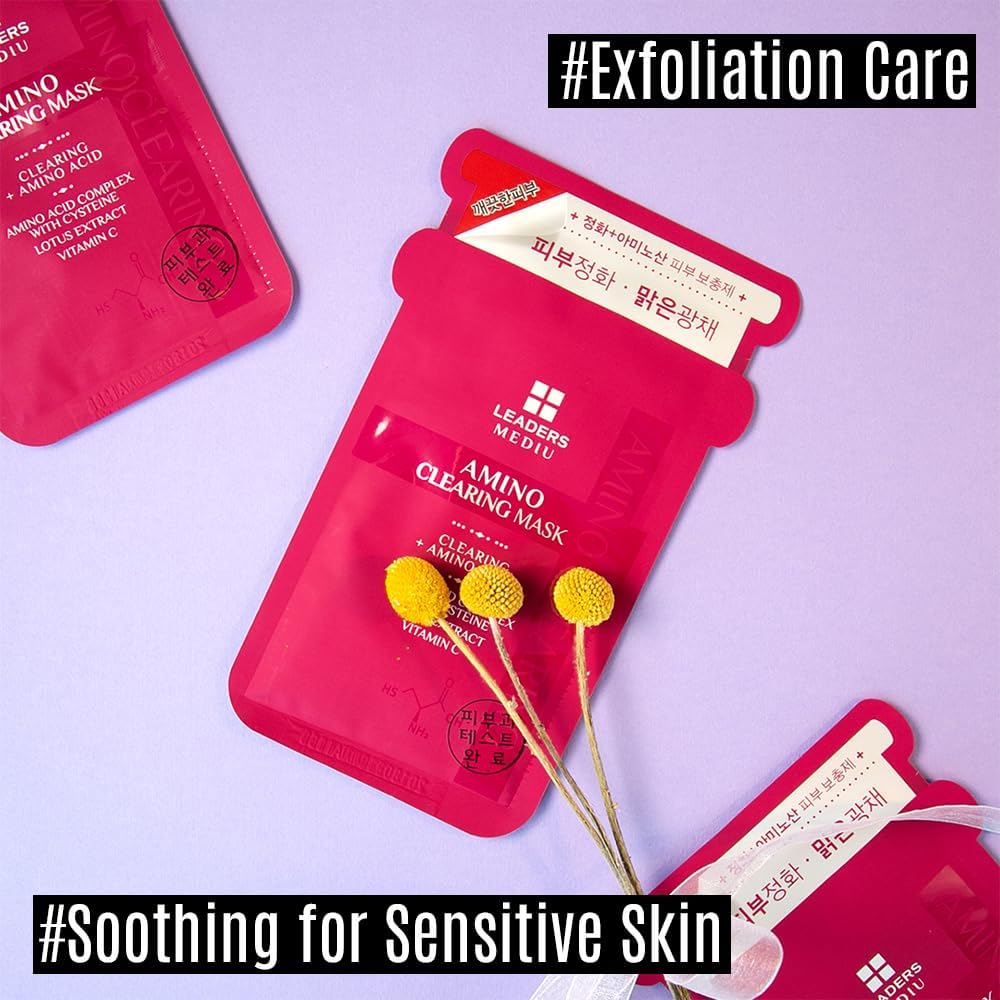 Leaders Mediu Amino AC-FREE Acne Control Facial Sheet Mask | AHAs, BHAs, Salicylic Acid, Snail Secretion, Chamomile | For Oily, Acne-Prone Skin, Reduces Blemishes (10 Sheets)