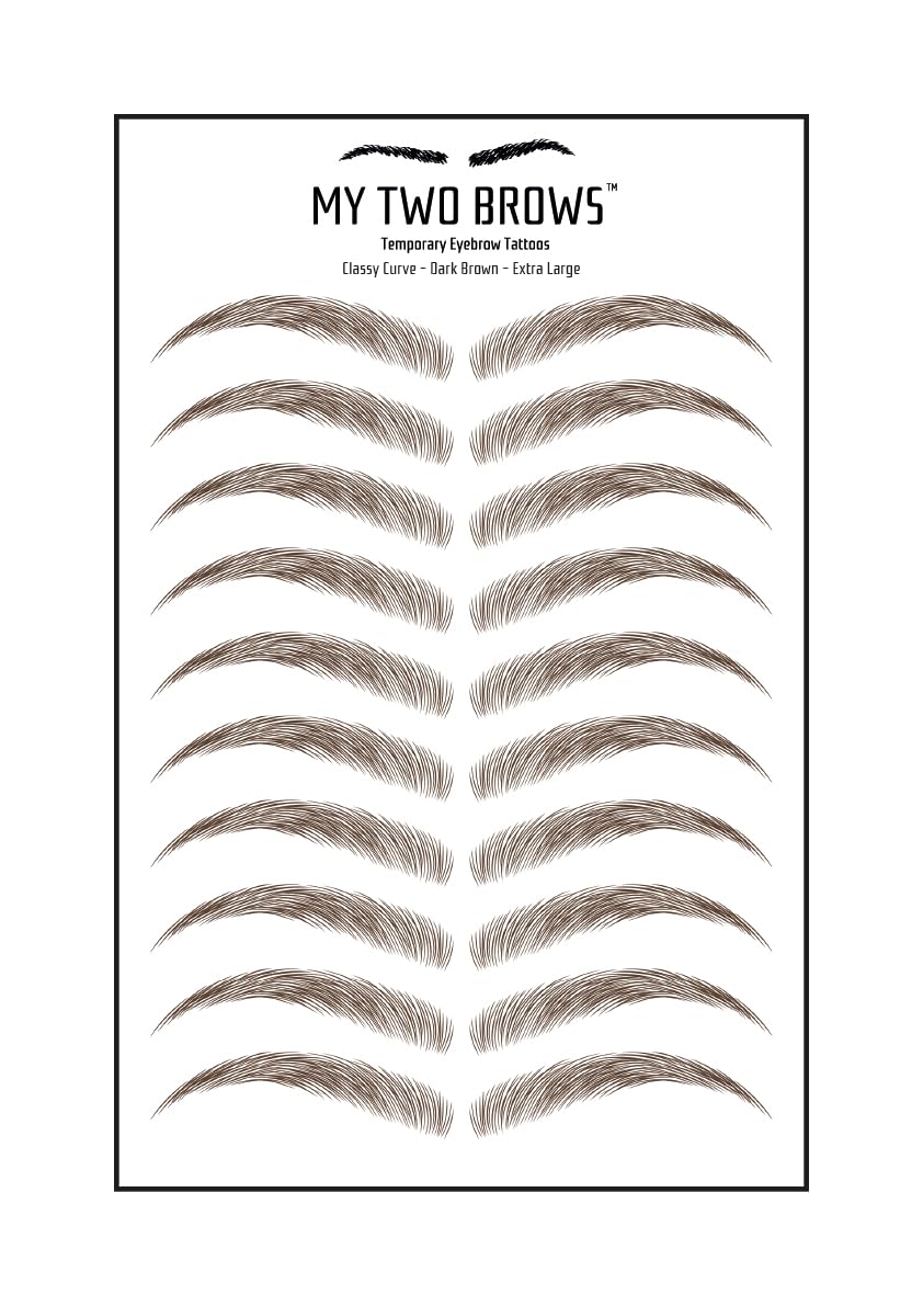 (10 pairs) Dark Brown Temporary Eyebrow Tattoo - Extra Large Size - Waterproof & Smudgeproof - Classy Curve Style Eyebrow Stickers - Sheet Lasts up to 30 Days - Won't Work on Existing Brows