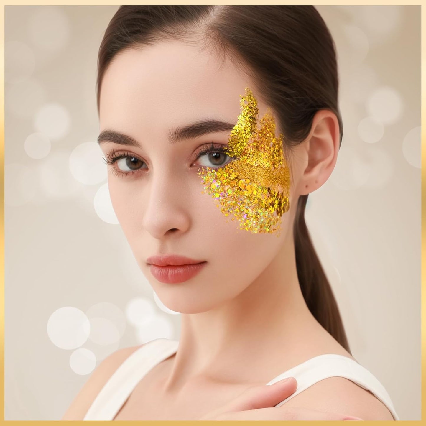 Teenitor Face Glitter Body Glitter, Gold Body Glitter Gel, Hair Glitter Gel, 6 Shapes Rave Glitter, Festival Makeup Glitters Gel, Chunky Sparkling Glitter Gel for Face, Body, Hair