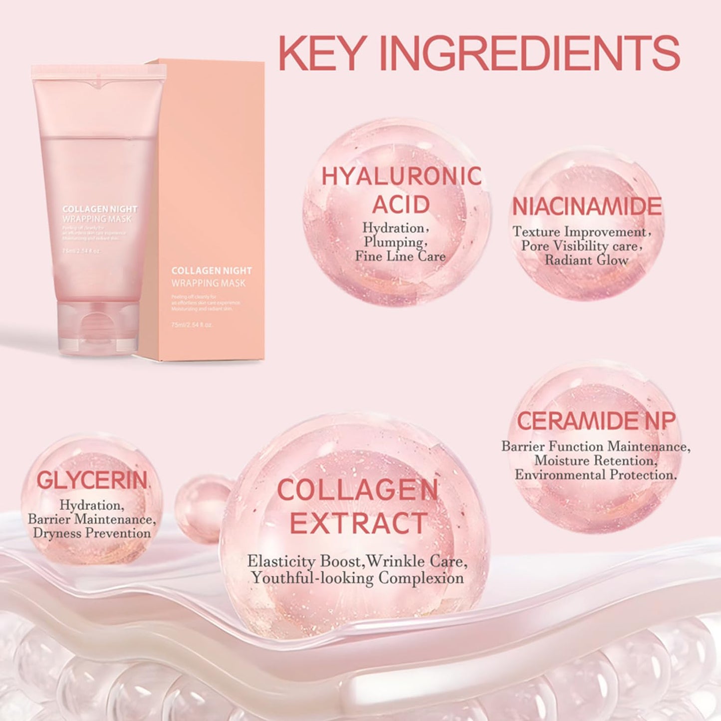 Collagen Overnight Wrapping Peel Off Facial Mask Pack,Hydrates and Tightens Skin,Reduces Sagging,Elasticity & Hydration Care with Brush 2.54 fl.oz