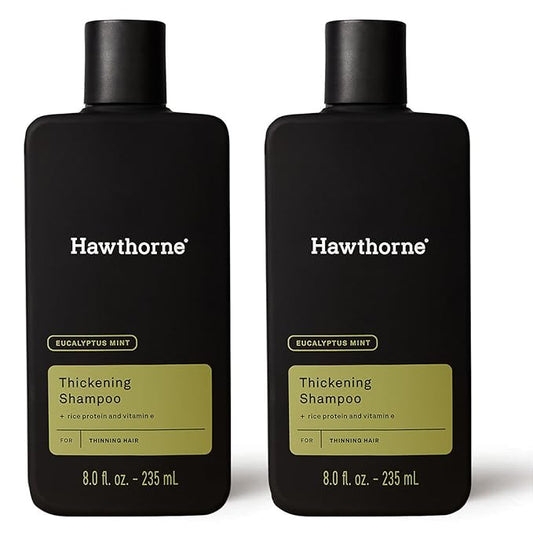 Hawthorne Thickening Shampoo for Thinning Hair. Fight Hair Loss With Rice Protein & Vitamin E Thickening Formula. Eucalyptus Mint Scent. Sulfate Free Mens All Natural Shampoo. 8 fl. oz. 2-Pack.