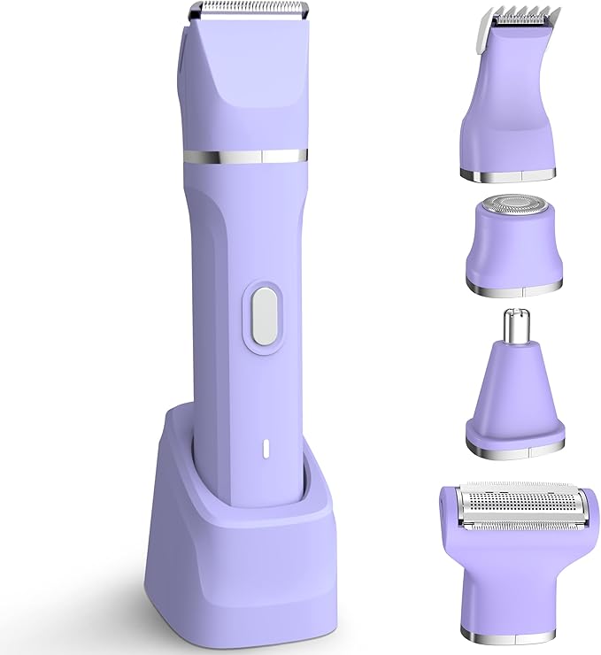KINGTEE 5-in-1 Electric Bikini Trimmer for Women – IPX7 Waterproof Shaver, Cordless Body & Facial Razors for Women, Ceramic Blades, USB-C Rechargeable, Painless Hair Removal Kit (Purple)