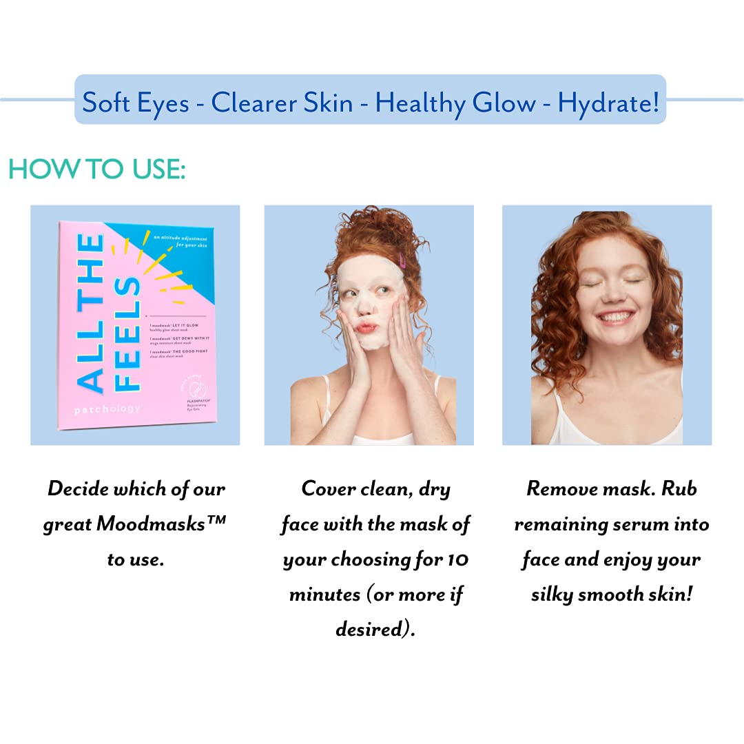 Patchology "All the Feels Sheet Masks - Hydrating Face Masks for dry skin and blotchy redness. Facial Sheet Mask Skincare Treatment to reduce puffiness, redness and wrinkles (3 Piece Set)