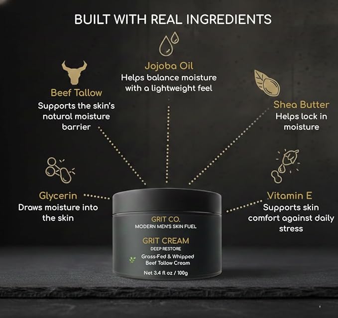 Beef Tallow for Skin Anti-Aging Men's Face Cream – Grass-Fed Tallow Moisturizer for Men – Unscented Whipped Wrinkle Balm 3.4 oz