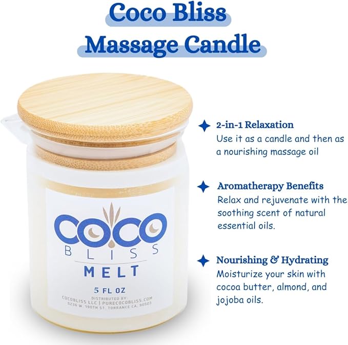 Coco Bliss Melt – Massage Candle Natural Coconut Moisturizing Body Oil Candle for Women & Men | Body Essential Oil Candle with Vanilla Scent, Vitamin E, Almond Oil & Cocoa Butter – 5oz