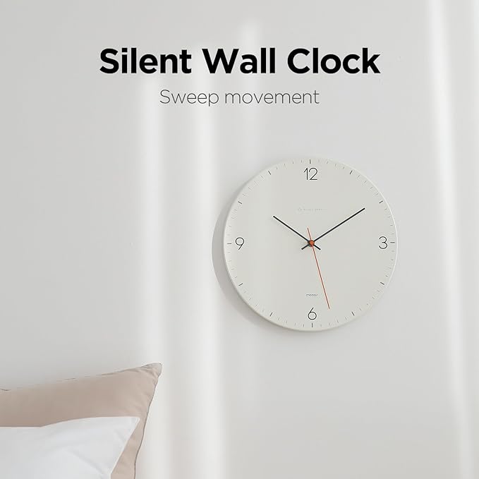 mooas Flatwood Wall Clock,12" Non-Ticking Sweep Movement Decorative Battery Operated Wall Clock for Home Living Room Kitchen Bedroom Office School (Simple Cream)