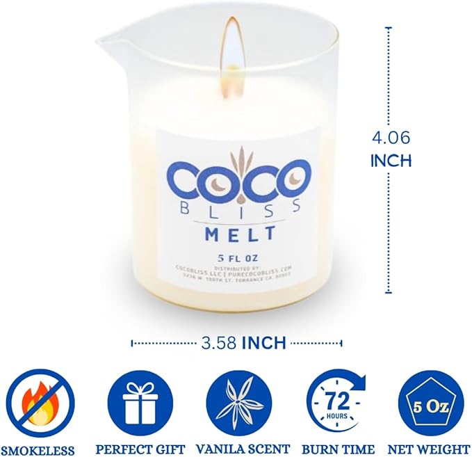 Coco Bliss Melt – Massage Candle Natural Coconut Moisturizing Body Oil Candle for Women & Men | Body Essential Oil Candle with Vanilla Scent, Vitamin E, Almond Oil & Cocoa Butter – 5oz