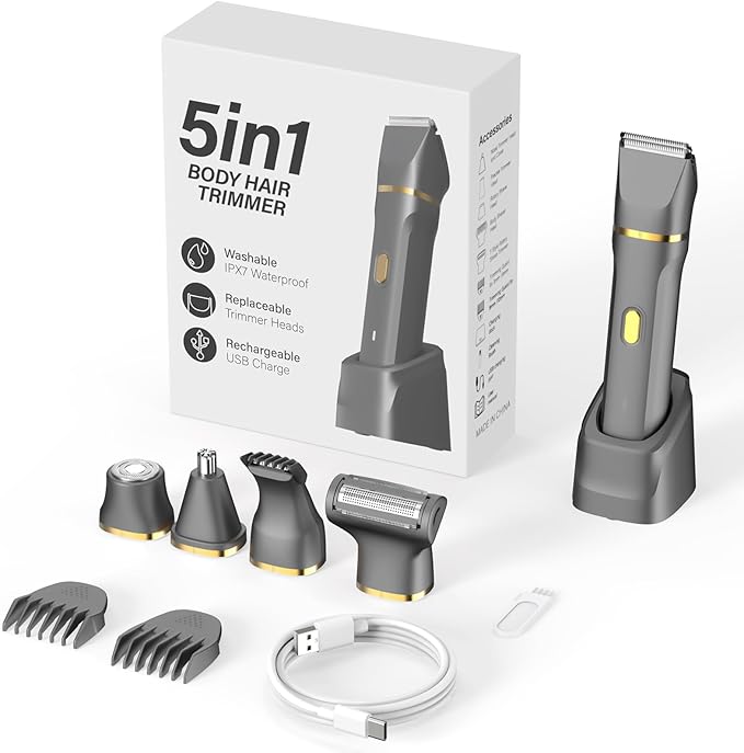 KINGTEE 5-in-1 Electric Bikini Trimmer for Women – IPX7 Waterproof Shaver, Cordless Body & Facial Razors for Women, Ceramic Blades, USB-C Rechargeable, Painless Hair Removal Kit (Light Black)