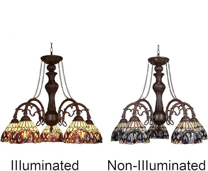 Capulina Tiffany Lamp Stained Glass Pendant Light Chandelier 5-Light Cream Brown Victorian Tiffany Style Pendant Light Fixtures for Dining Room Living Room Foyer Kitchen Home