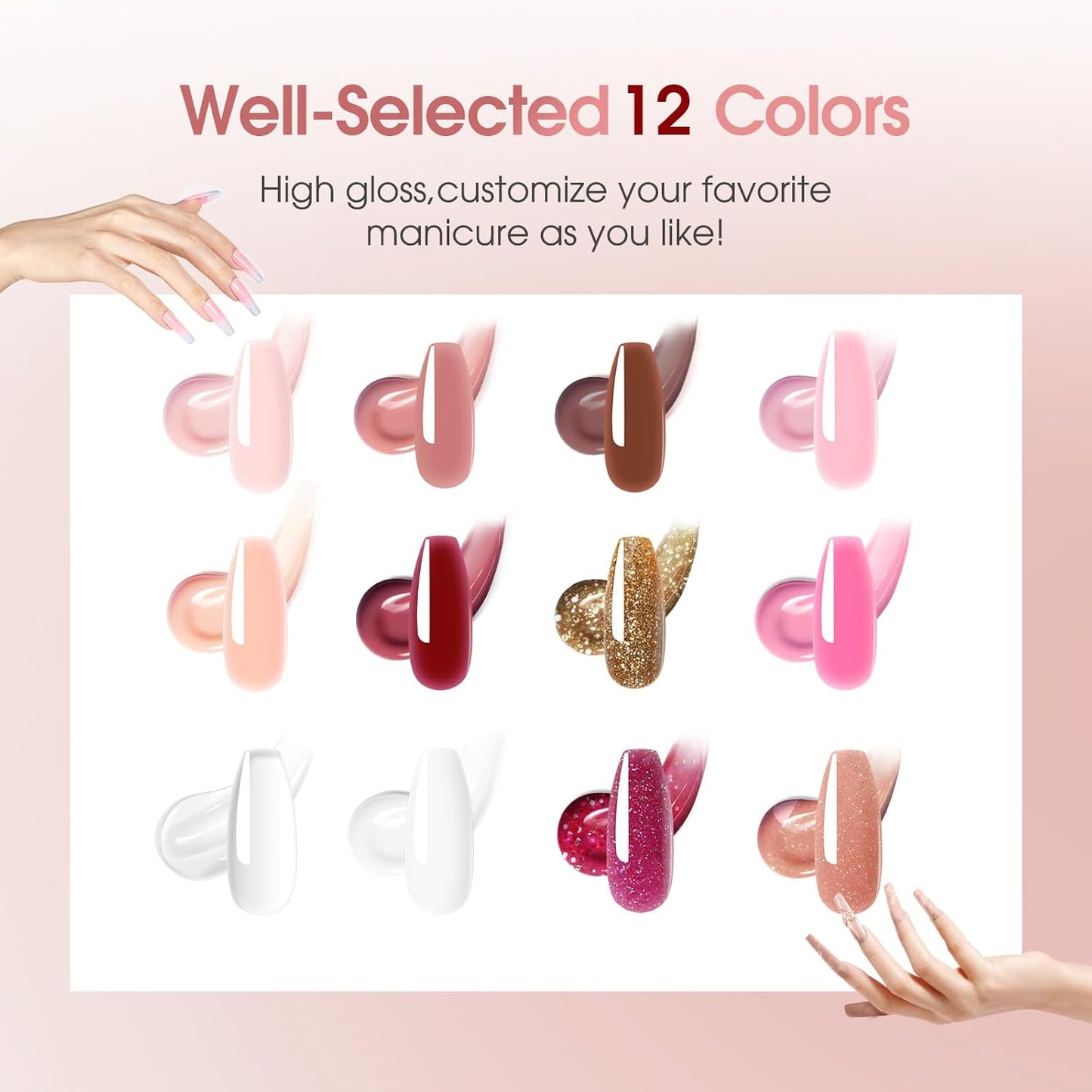 ROSALIND 12PCS Pink Brown Poly Nail Gel Kit with Mini Nail Lamp White Glitter Pink Poly Extension Gel Set