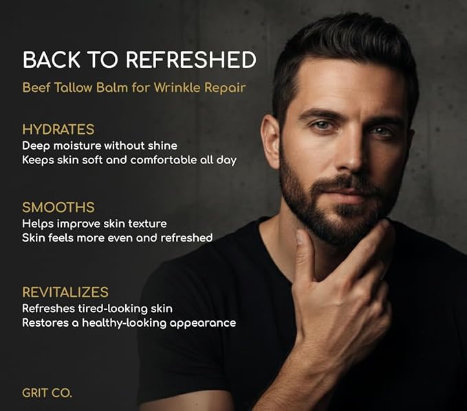 Beef Tallow for Skin Anti-Aging Men's Face Cream – Grass-Fed Tallow Moisturizer for Men – Unscented Whipped Wrinkle Balm 3.4 oz