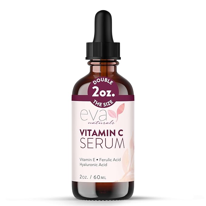 Eva Naturals Vitamin C Serum for Face - 20% Vit C with Hyaluronic Acid, Ferulic Acid & Vitamin E - Facial Serum for Dark Spots, Acne, Anti Aging, Glow & Even Skin Tone, 2 Fl Oz