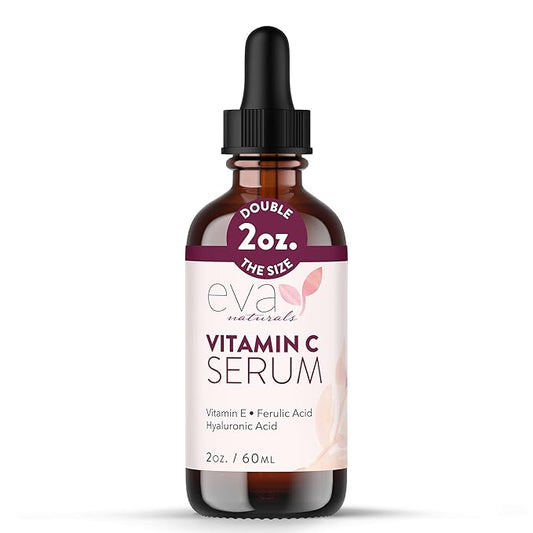 Eva Naturals Vitamin C Serum for Face - 20% Vit C with Hyaluronic Acid, Ferulic Acid & Vitamin E - Facial Serum for Dark Spots, Acne, Anti Aging, Glow & Even Skin Tone, 2 Fl Oz
