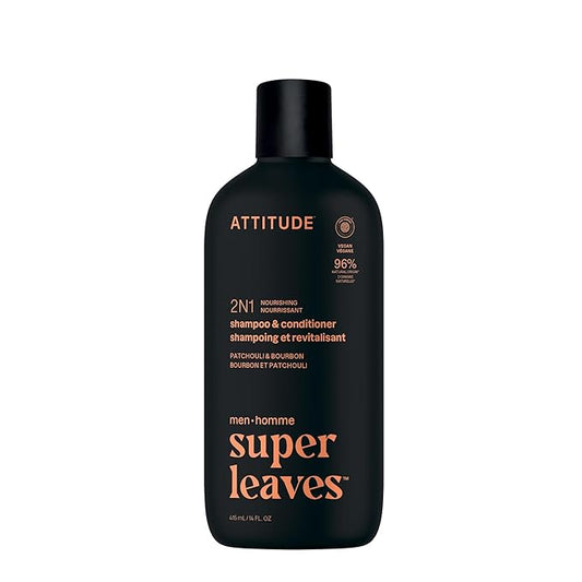 ATTITUDE Men's Shampoo and Conditioner 2-in-1, Nourishing For Dry Hair and Scalp, With Panthenol and Ginseng, 97% Natural Origin Ingredients, EWG Verified, Patchouli & Bourbon, 14 Fl Oz