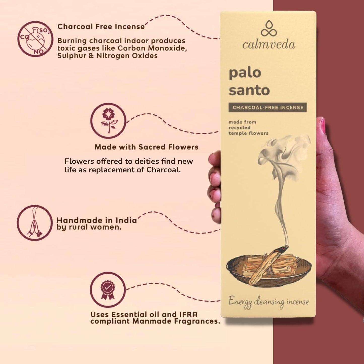 Holy Palo Santo Incense Sticks - 80 Charcoal Free Incense, Made from Upcycled Flowers | Cleansing Incense Sticks Spiritual or Inciensos para Sacar Malas Energias - Glowelle