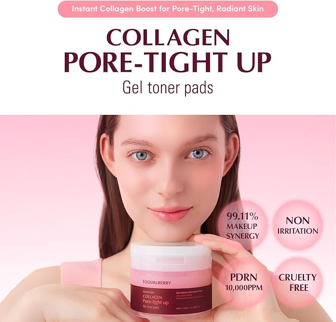 EQQUALBERRY Collagen Pore-Tight Up Gel Toner Pads – Korean Pore-Tightening Jelly Pad with Deep Absorption Collagen, Hydrating & Firming Formula, 4.73 FL.OZ. (140ml) / 60 Pads