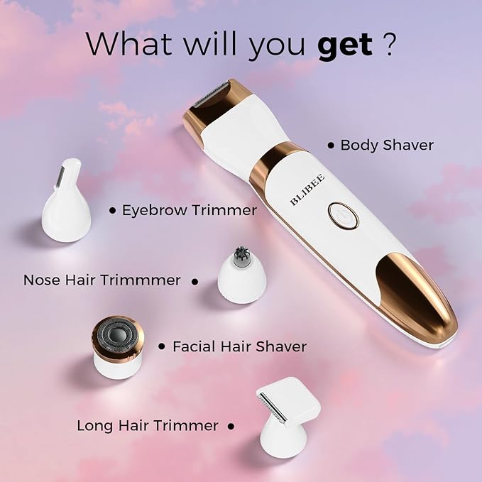 Bikini Trimmer for Women, LED Display Electric Razors for Women, 5-in-1 Electric Shaver, Rechargeable Painless Pubic Hair Trimmer for Legs, Underarms, Face & Sensitive Skin (Gold)