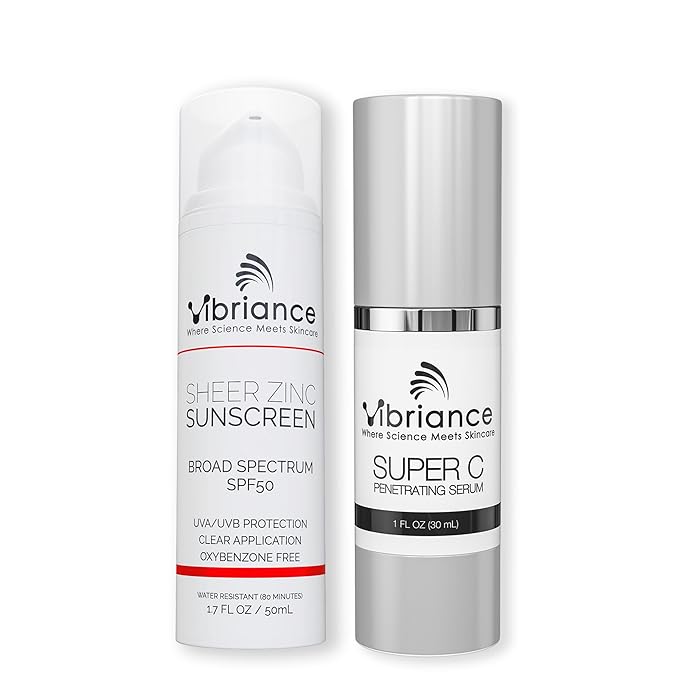 Vibriance Simple Skincare Essentials Bundle | Super C Vitamin Serum, Sheer Zinc Sunscreen SPF 50 Skin Care Set - Nourish, Protect, Illuminate