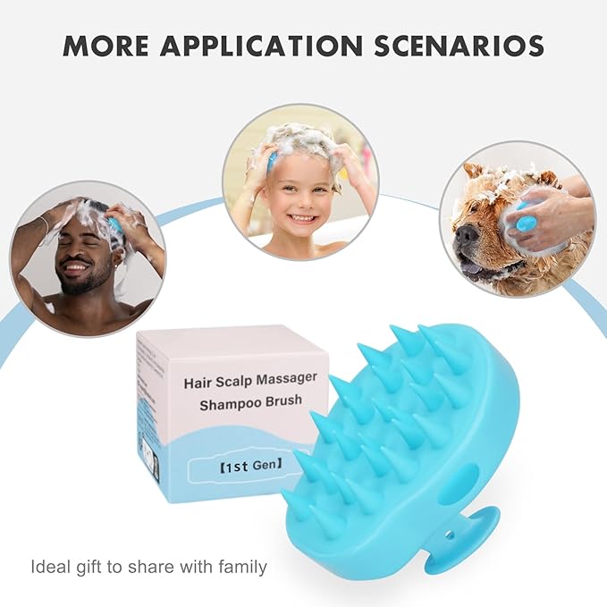 FREATECH Massager Shampoo Brush with Soft Silicone Bristles for Scalp Care, Shower Hair Scalp Scrubber Exfoliator for Dandruff Removal and Hair Growth, Wet & Dry for Men, Women and Kids, Light Blue